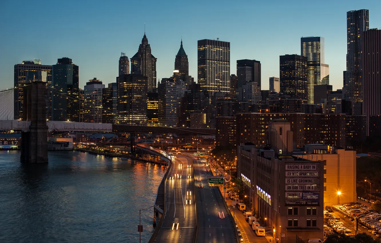 Photo wallpaper road, bridge, river, skyscrapers, the evening, Manhattan, New - York