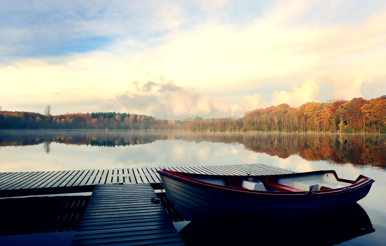 Photo wallpaper lake, boat, pier