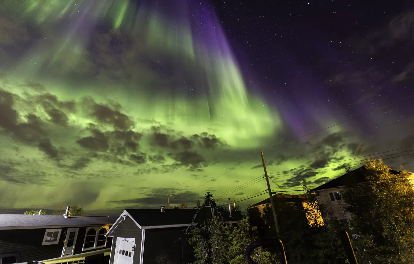 Photo wallpaper the sky, stars, home, Northern lights, town