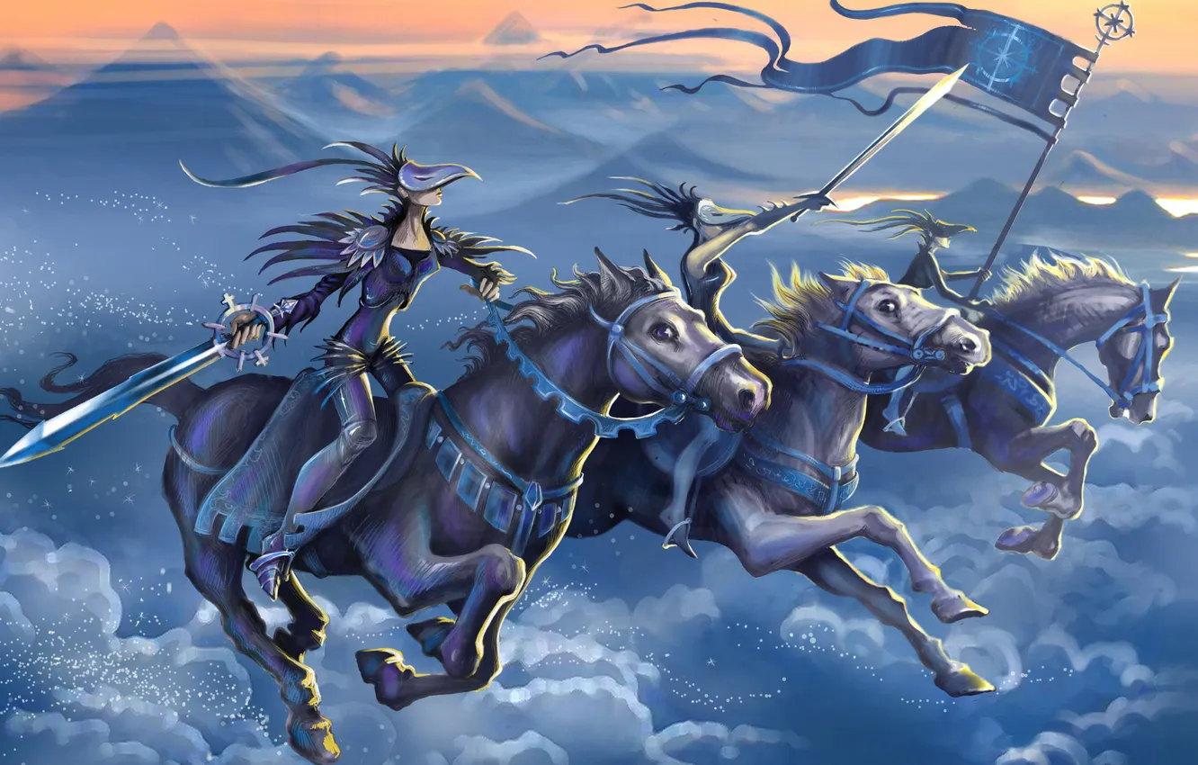 Photo wallpaper clouds, mountains, horse, sword, flag, mask, rider