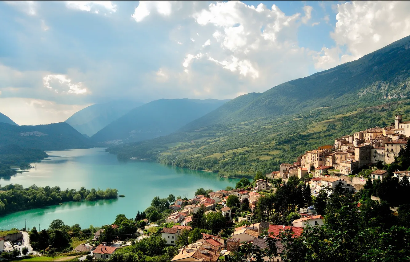 Photo wallpaper clouds, mountains, the city, lake, Barrea - National Park of Abruzzo Italy