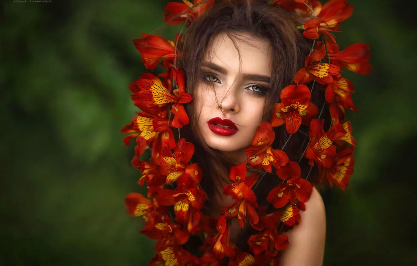 Photo wallpaper look, girl, flowers, face, background, portrait, Ilona Bimova, Victoria Mayaki