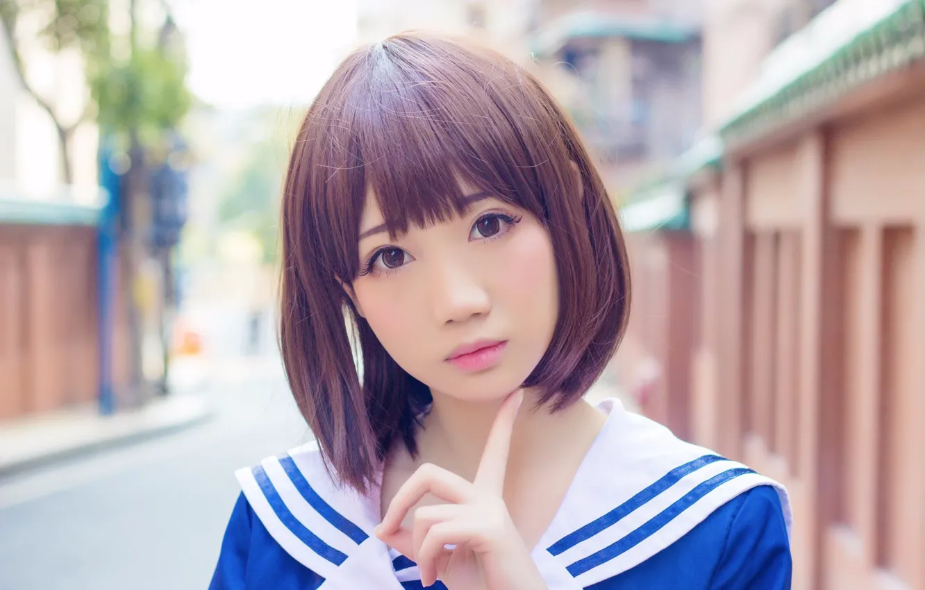 Photo wallpaper blurred background, charm, Asian girl, charm, young beauty, young beauty, asian girl, short hairstyle