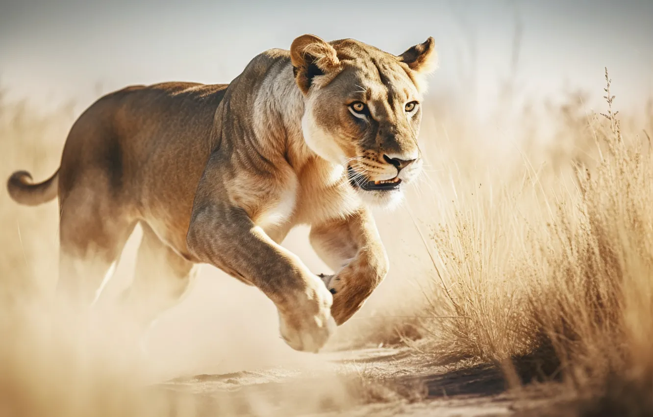 Photo wallpaper Grass, Lioness, Africa, Savannah, Digital art, Big cat, Predator, AI art