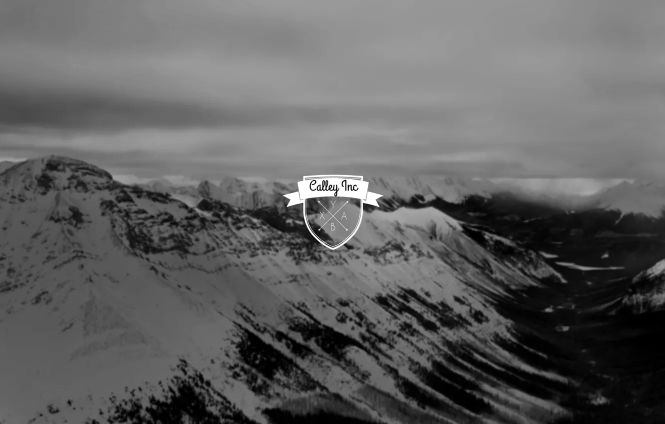 Photo wallpaper logo, mountains, blur, black and white