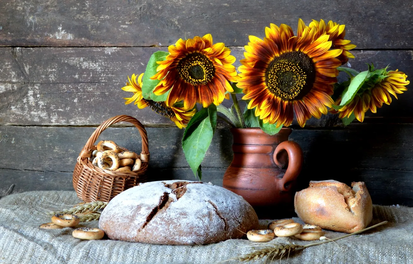 Photo wallpaper sunflowers, spikelets, bread, pitcher, still life, drying