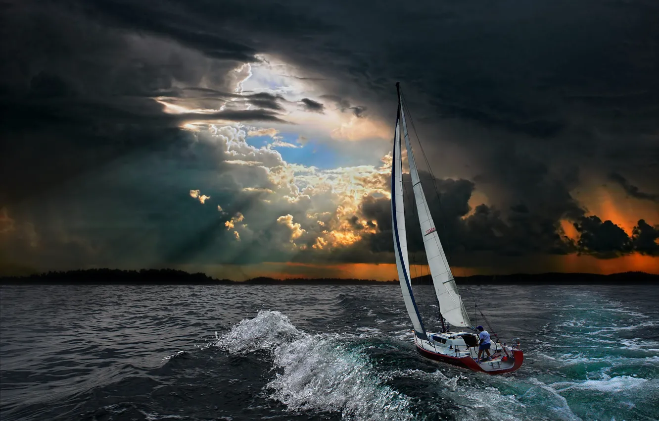 Photo wallpaper sea, wave, landscape, clouds, storm, yacht