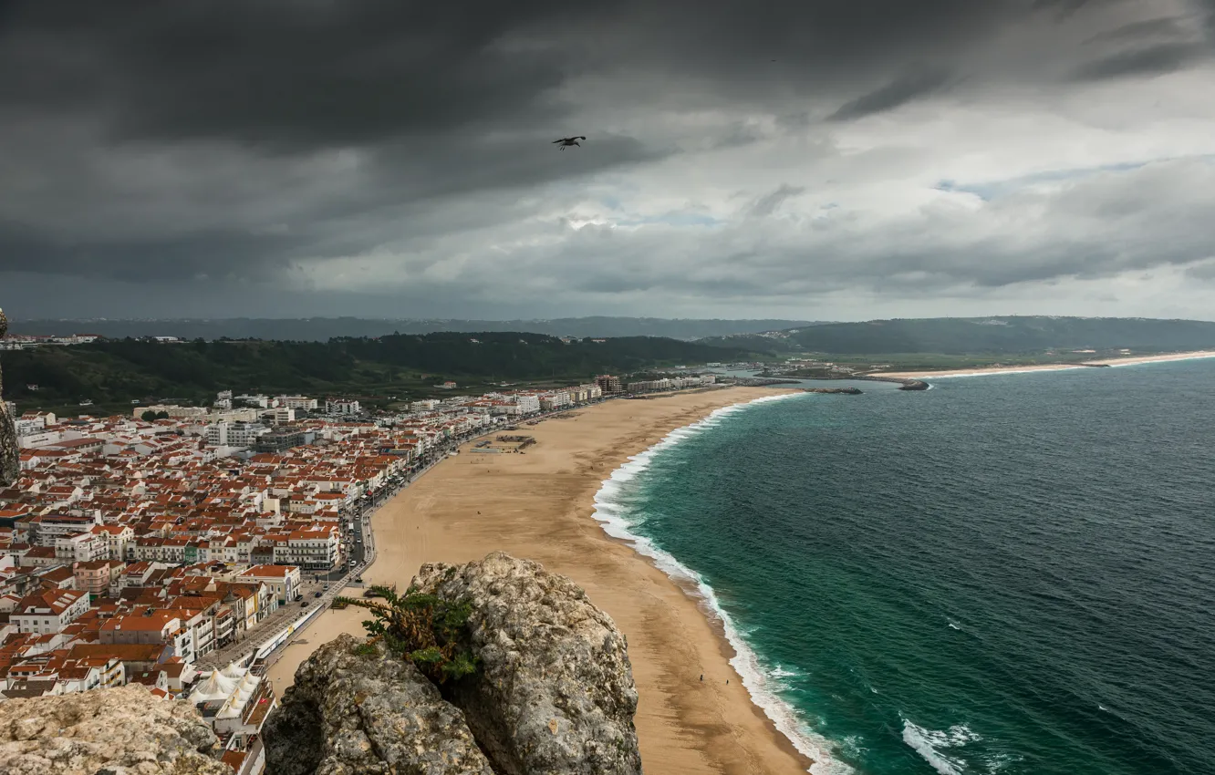 Photo wallpaper Sea, The city, Bird, Panorama, Promenade, Portugal, Landscape, Sky
