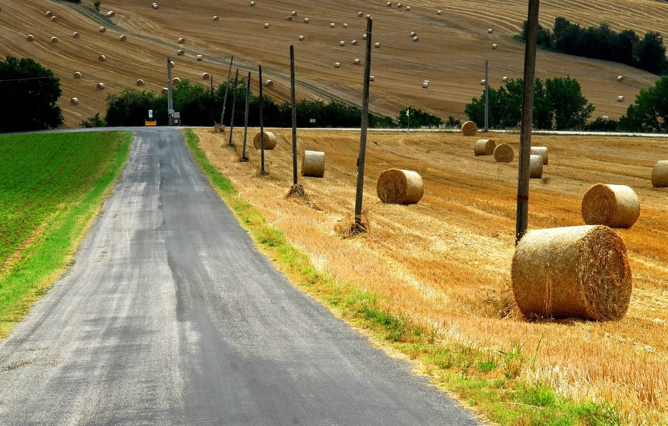 Photo wallpaper grass, road, field, landscape, nature, countryside, straw, bales
