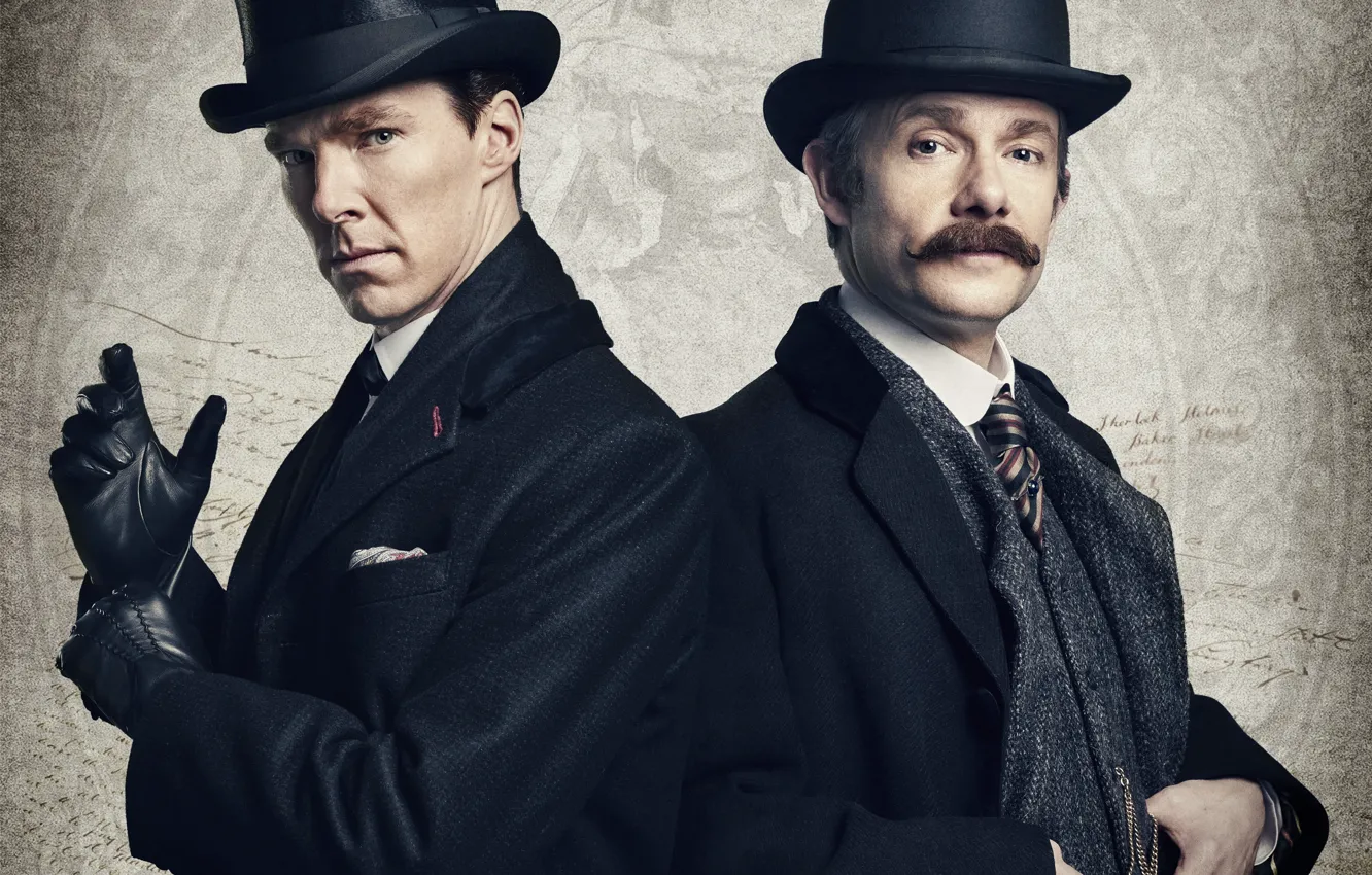 Photo wallpaper mustache, each, hat, gloves, two, Sherlock Holmes, partner, Martin Freeman