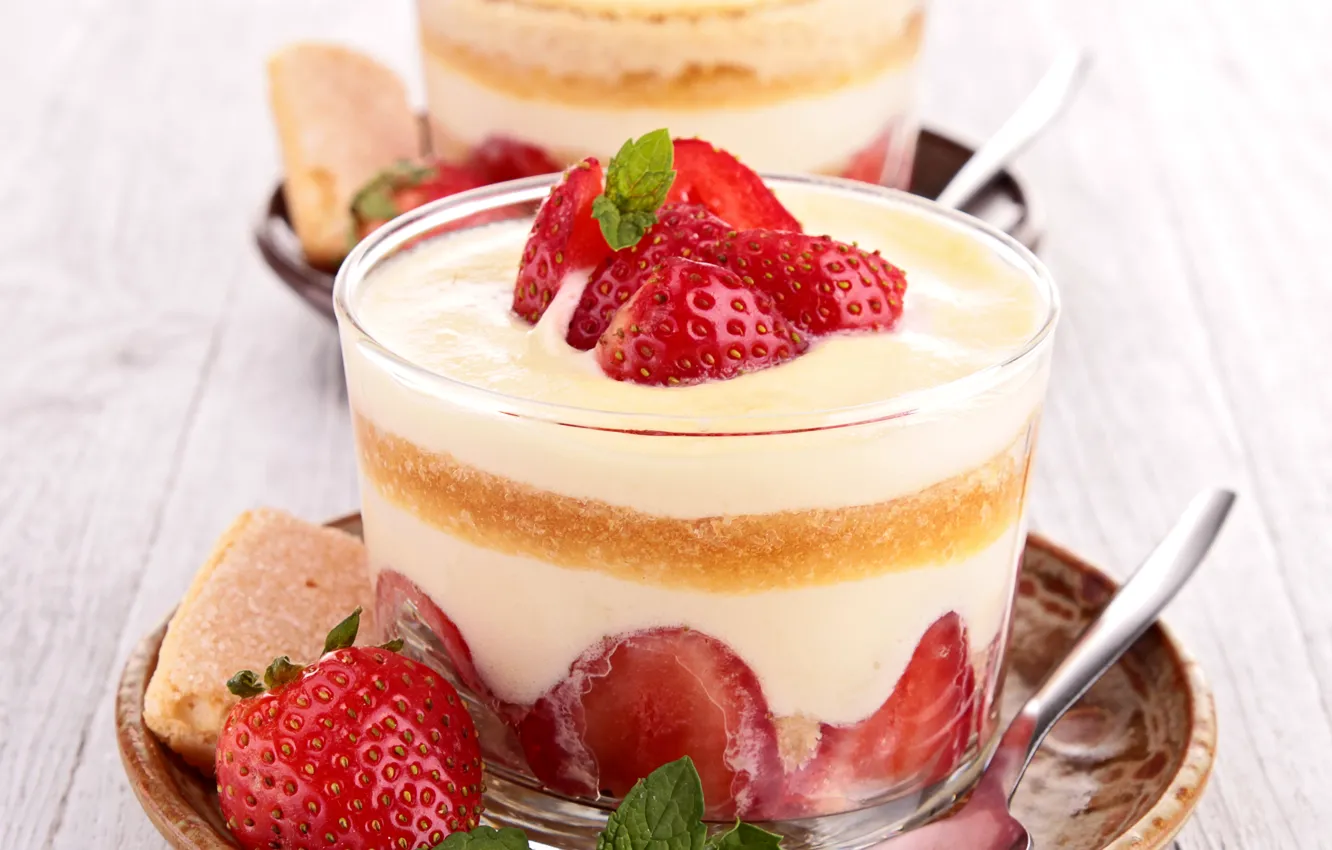 Photo wallpaper strawberry, mint, cream, dessert, sweet