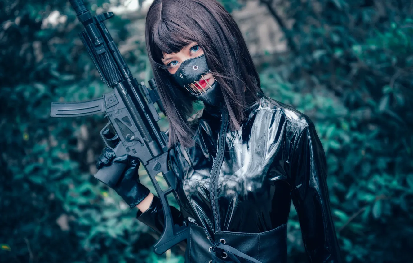 Photo wallpaper look, girl, face, style, hair, mask, machine