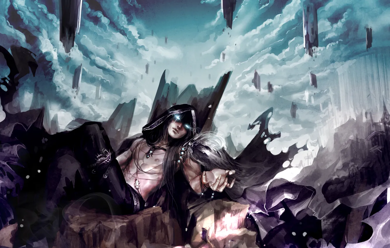 Photo wallpaper clouds, stones, rocks, the demon, art, hood, guy, genki-de