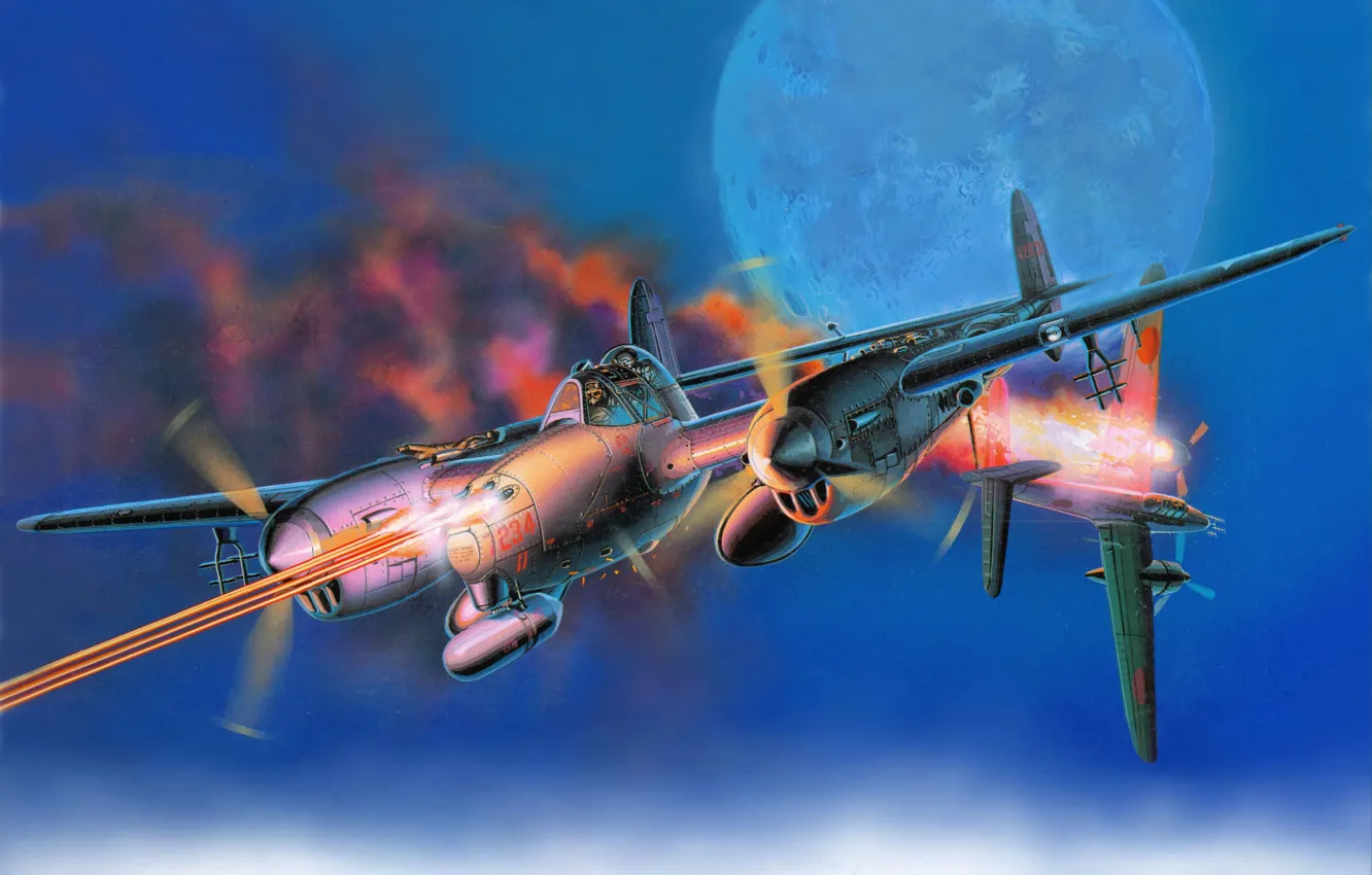 Photo wallpaper the sky, fire, flame, the moon, figure, fighter, art, bomber