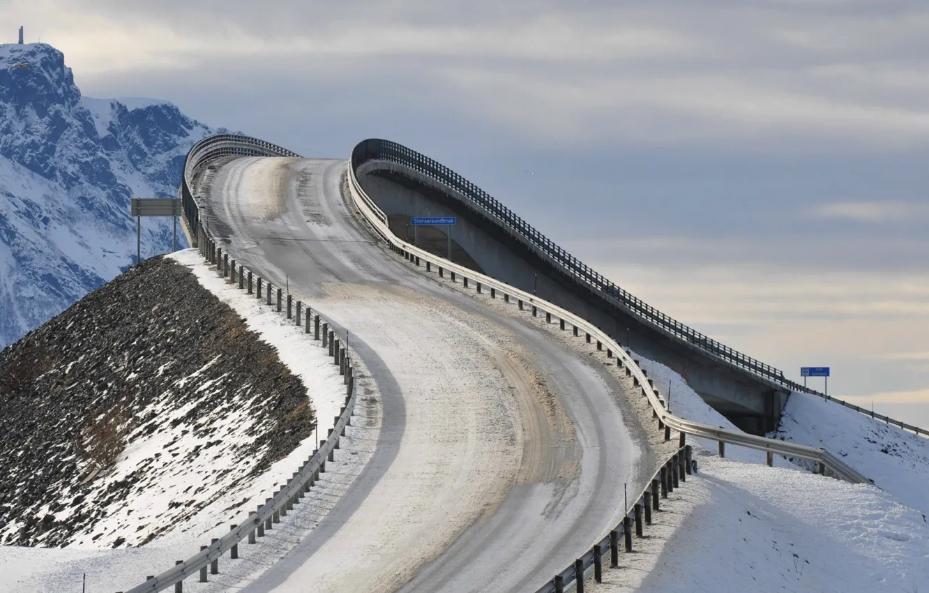 Photo wallpaper road, snow, turn, Atlanterhavsveien