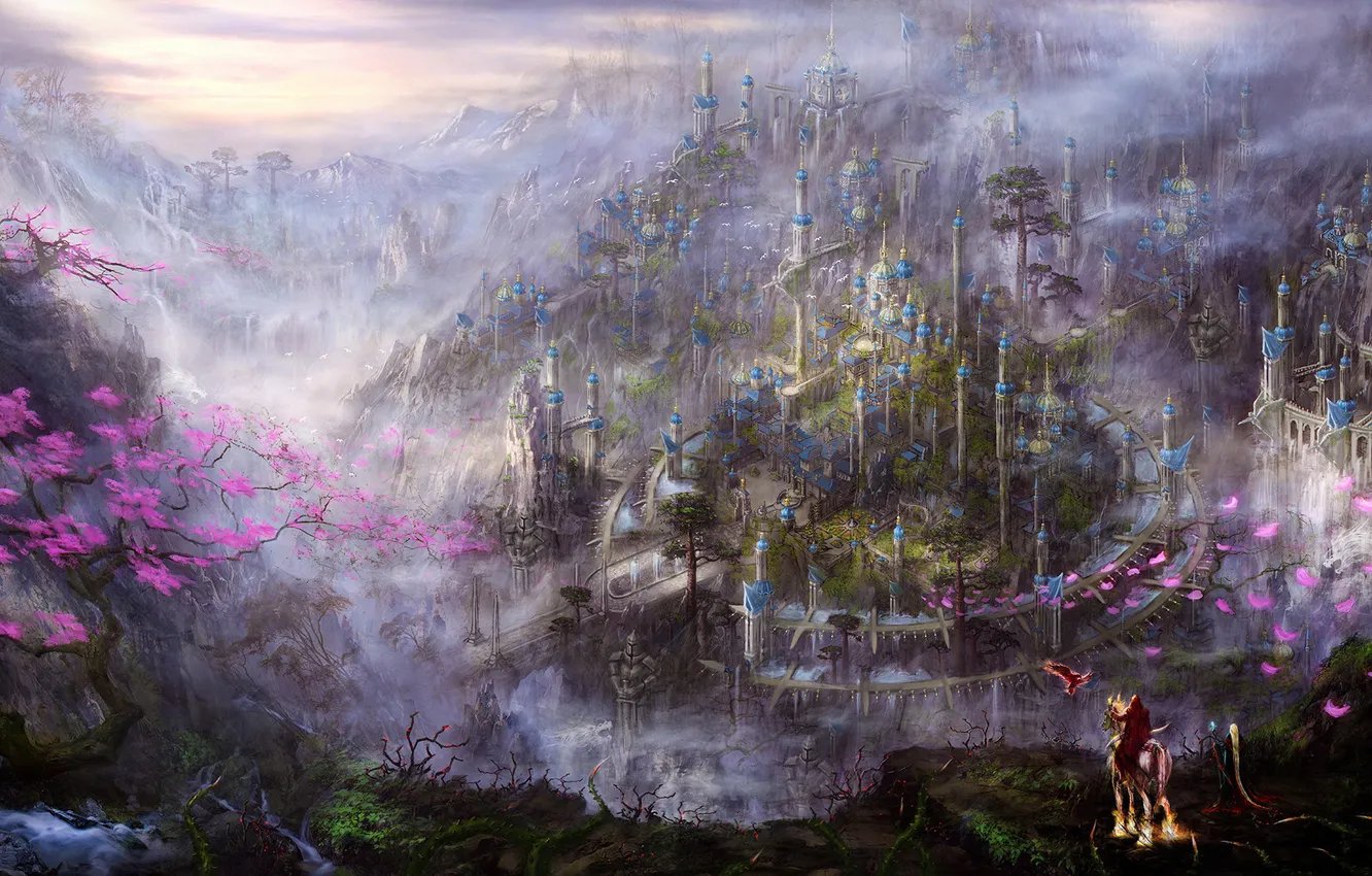 Photo wallpaper landscape, mountains, the city, fog, tree, horse, bird, view