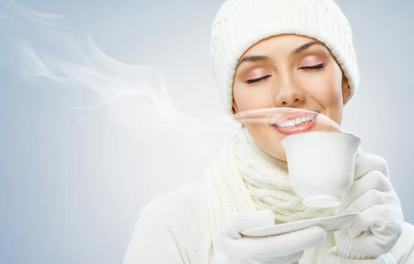 Photo wallpaper winter, girl, smile, scarf, Cup, drink, cap, saucer