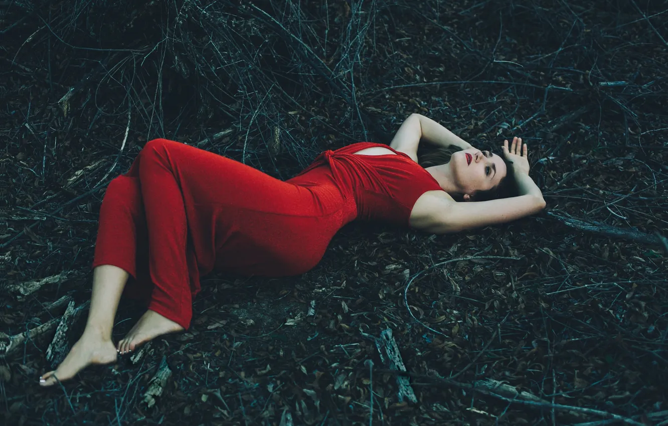 Photo wallpaper girl, sexy, forest, lips, red dress