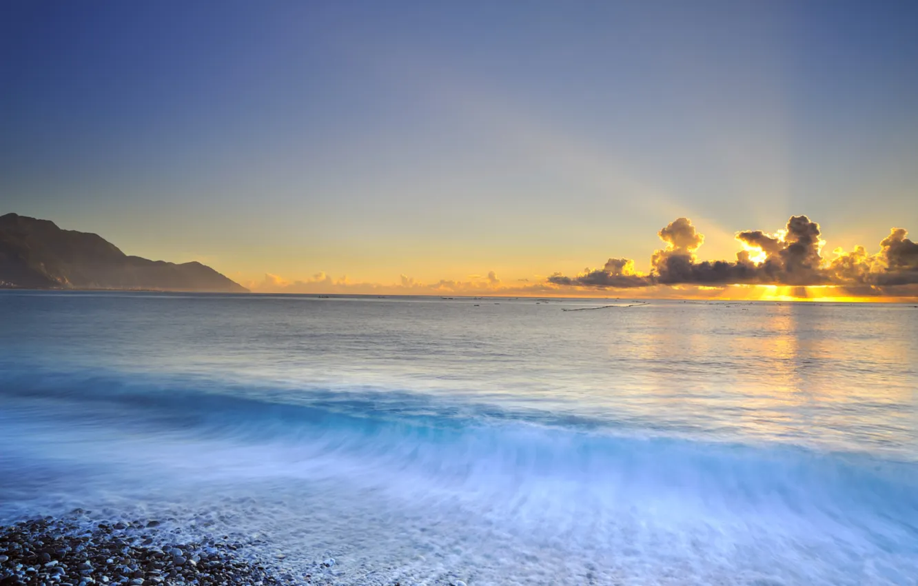 Photo wallpaper sea, wave, landscape, sunset, nature, stones, shore, horizon