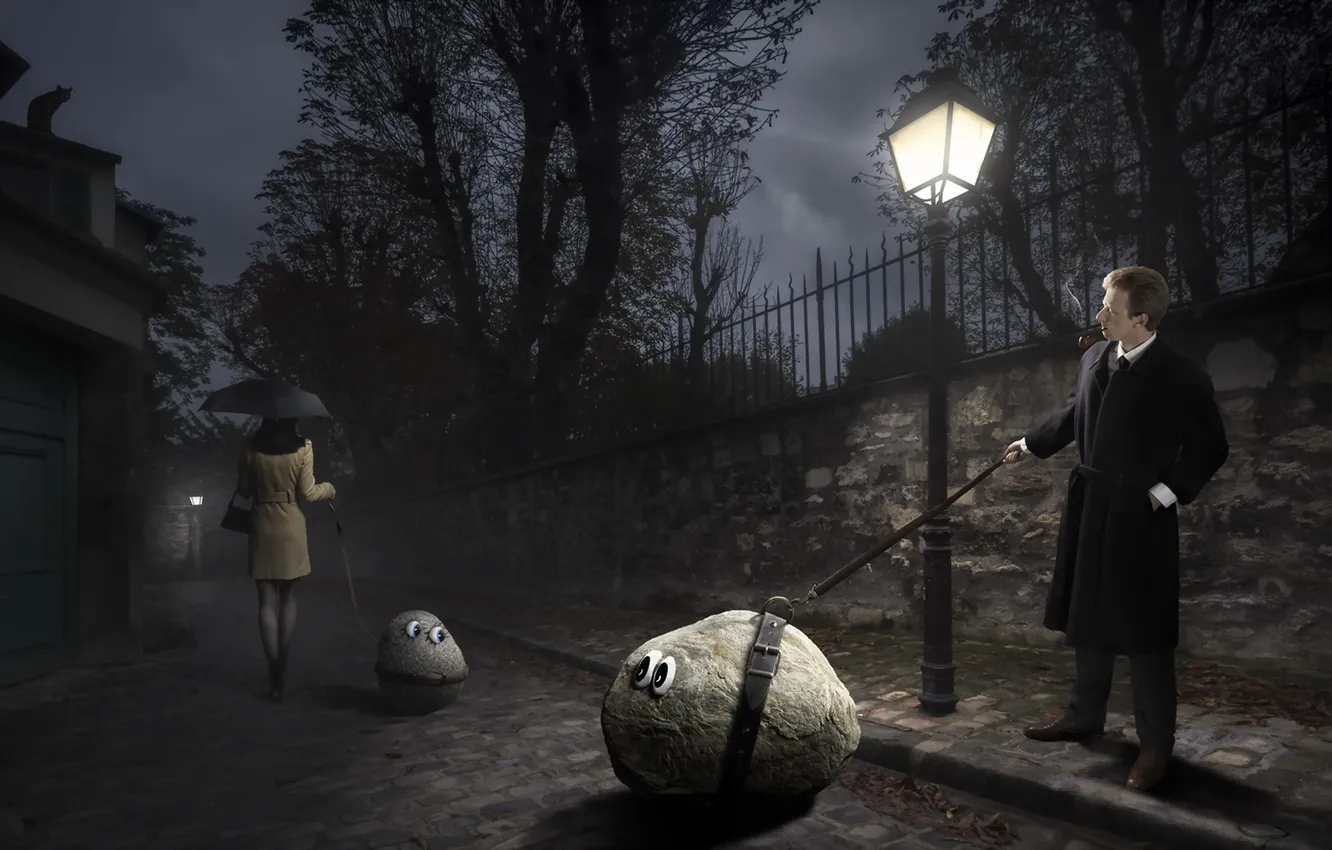 Photo wallpaper woman, stone, night, street, man, lamp