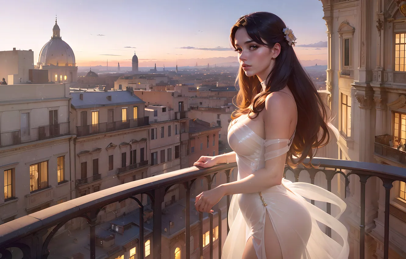 Photo wallpaper the city, dress, balcony, girl art