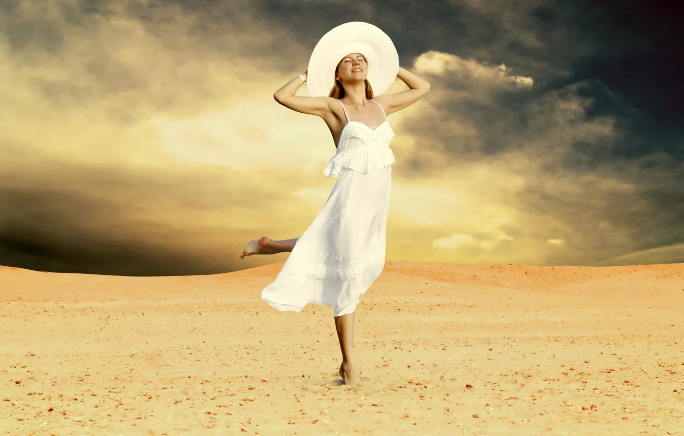 Photo wallpaper sand, girl, joy, clouds, barefoot, dress, blonde, hat