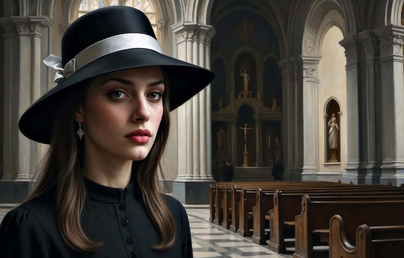 Photo wallpaper girl, hat, Church, AI art