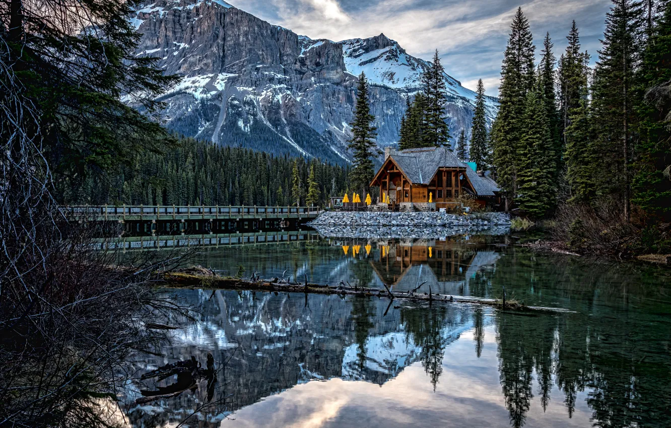 Photo wallpaper forest, mountains, lake, reflection, Canada, house, Canada, British Columbia