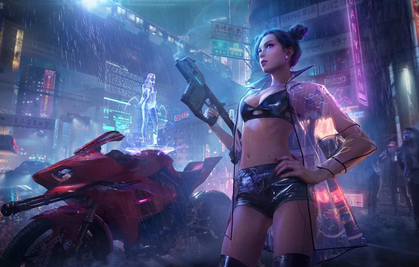 Photo wallpaper girl, night, style, weapons, fiction, rain, neon, figure