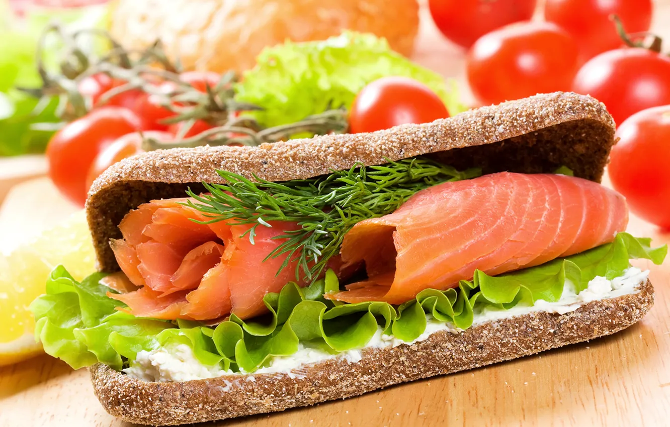 Photo wallpaper fish, bread, sandwich, tomatoes, fish, bread, tomatoes, Fast food
