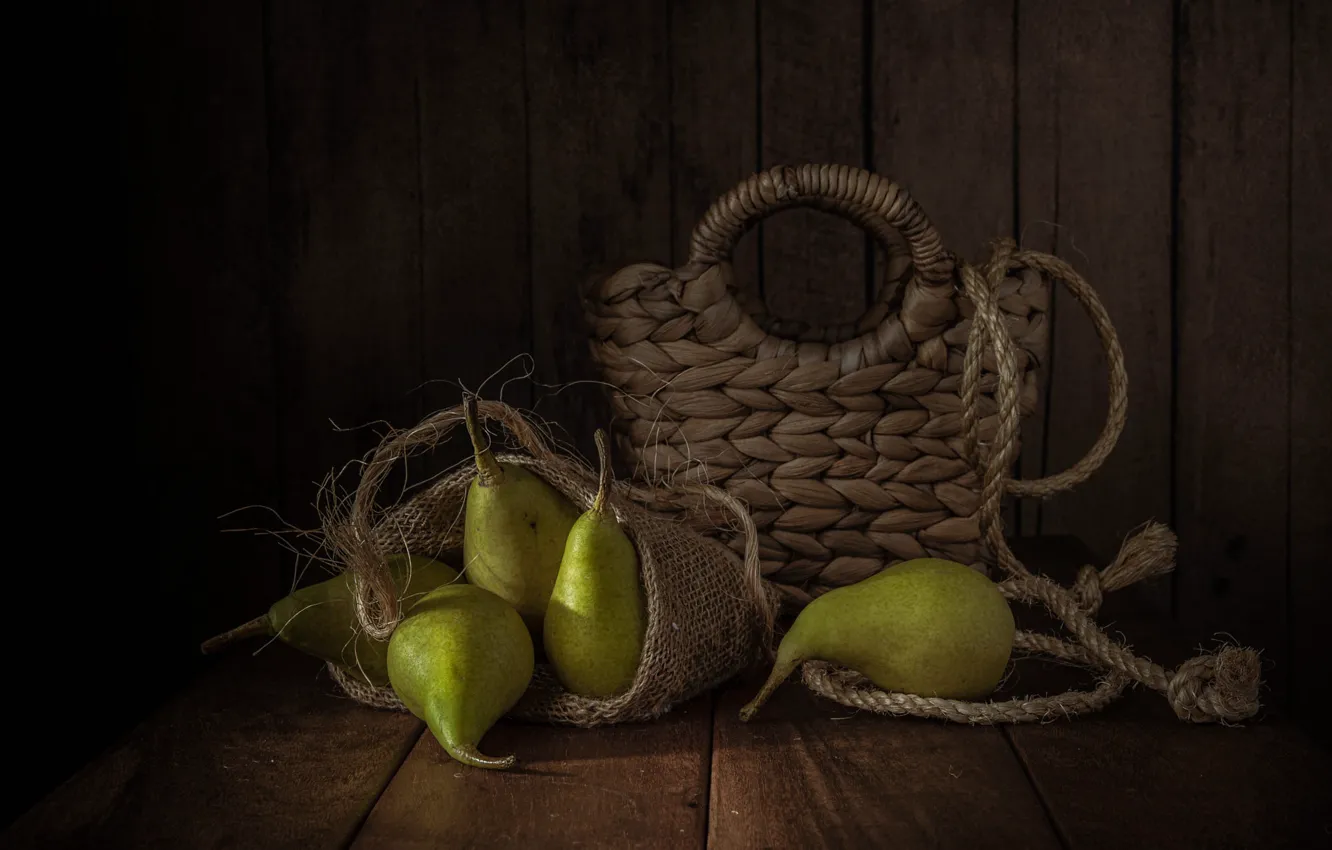 Photo wallpaper green, table, Board, rope, wooden, bag, fruit, still life