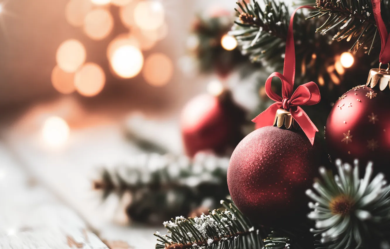Photo wallpaper balls, branches, red, lights, Board, new year, Christmas, garland