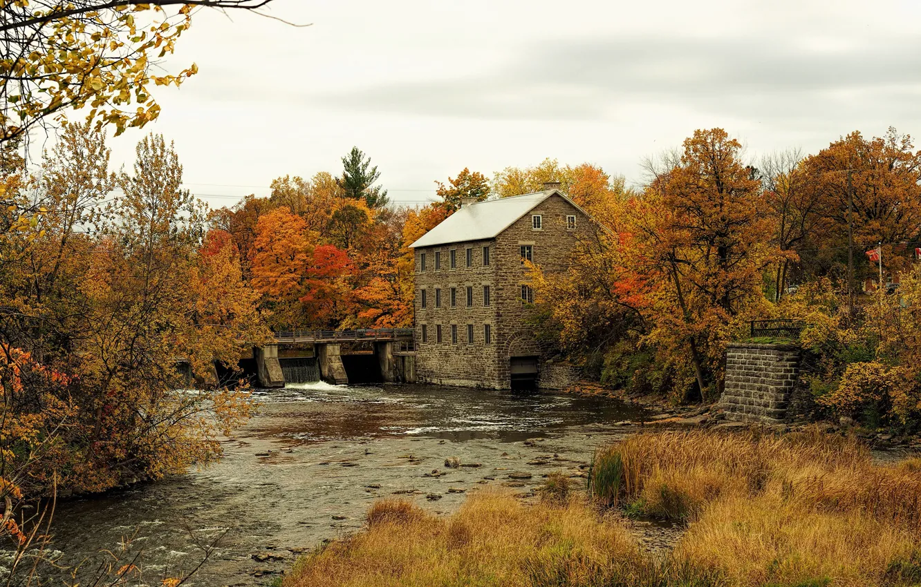 Photo wallpaper autumn, trees, bridge, house, yellow, Canada, river, Ottawa