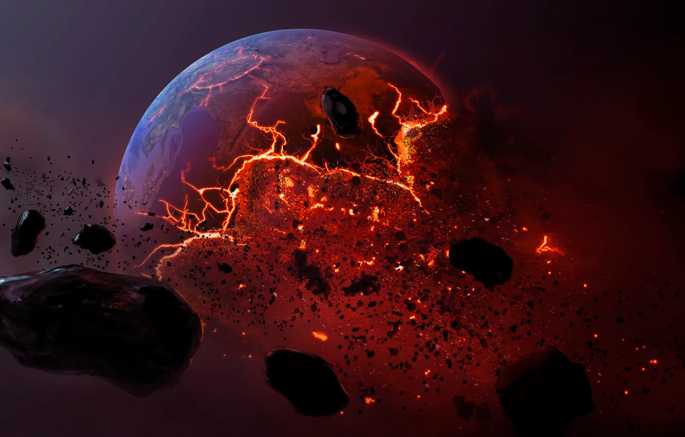 Photo wallpaper meteorite, planet, dead planet, burning earth