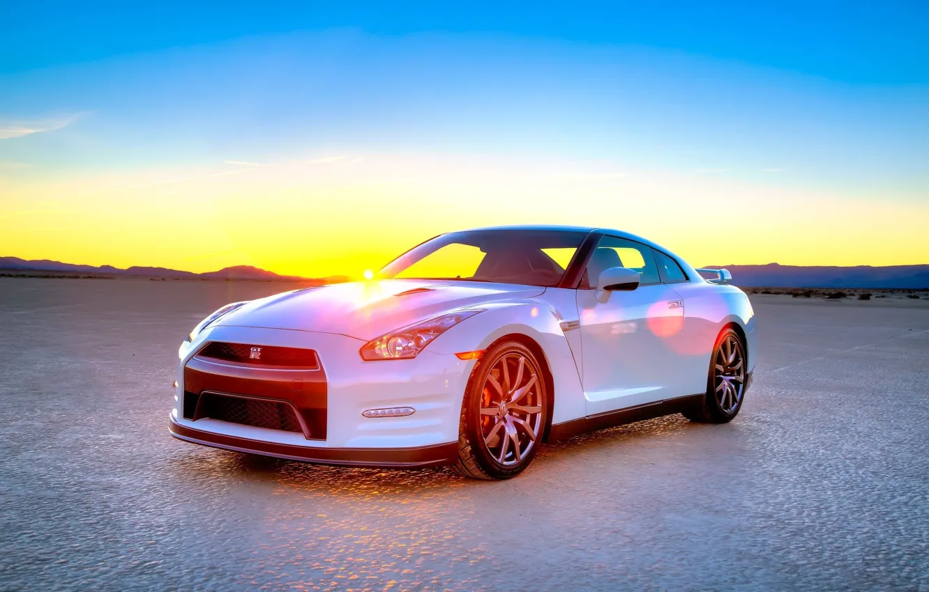 Photo wallpaper white, sunset, GTR, Nissan, R35