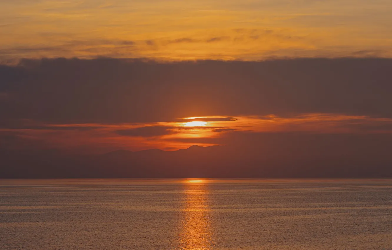 Photo wallpaper the sky, the sun, clouds, landscape, sunset, nature, the ocean, horizon