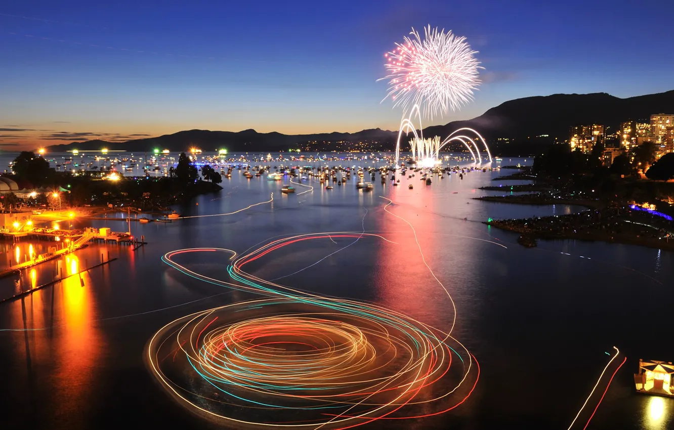 Photo wallpaper Canada, Vancouver, fireworks, British Columbia, English Bay, Holiday GNA