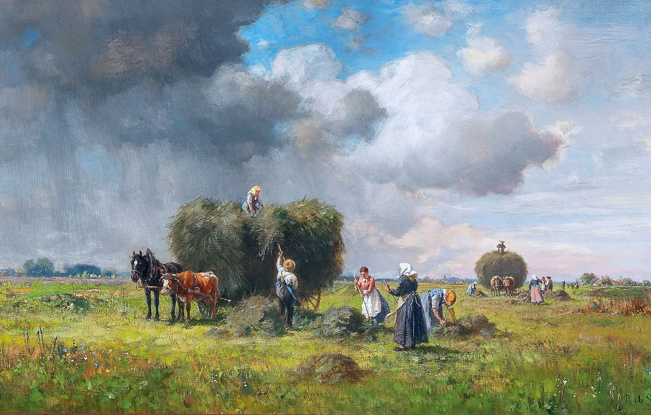 Photo wallpaper clouds, rain, people, picture, hay, wagon, German artist, Harvesting before the storm