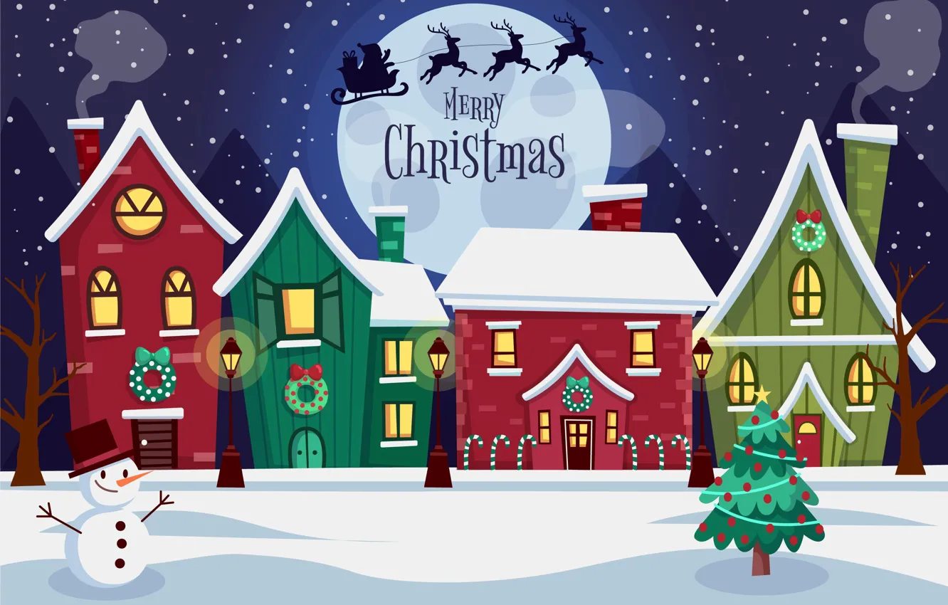 Photo wallpaper Home, Winter, Night, Snow, The moon, Christmas, New year, Santa Claus