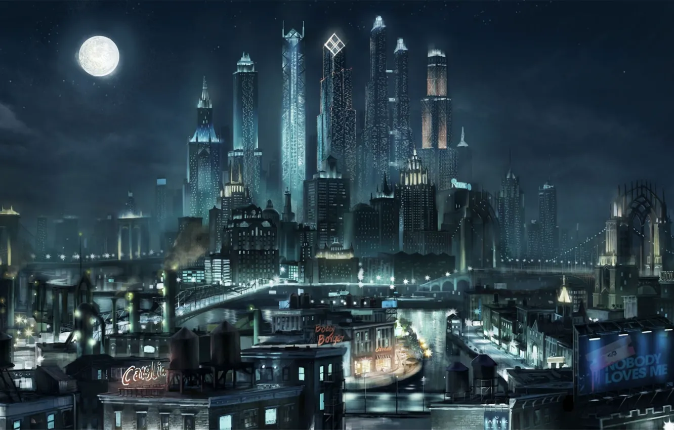 Photo wallpaper night, the city, the moon, building, skyscrapers, skyscrapers, Saints Row The Third