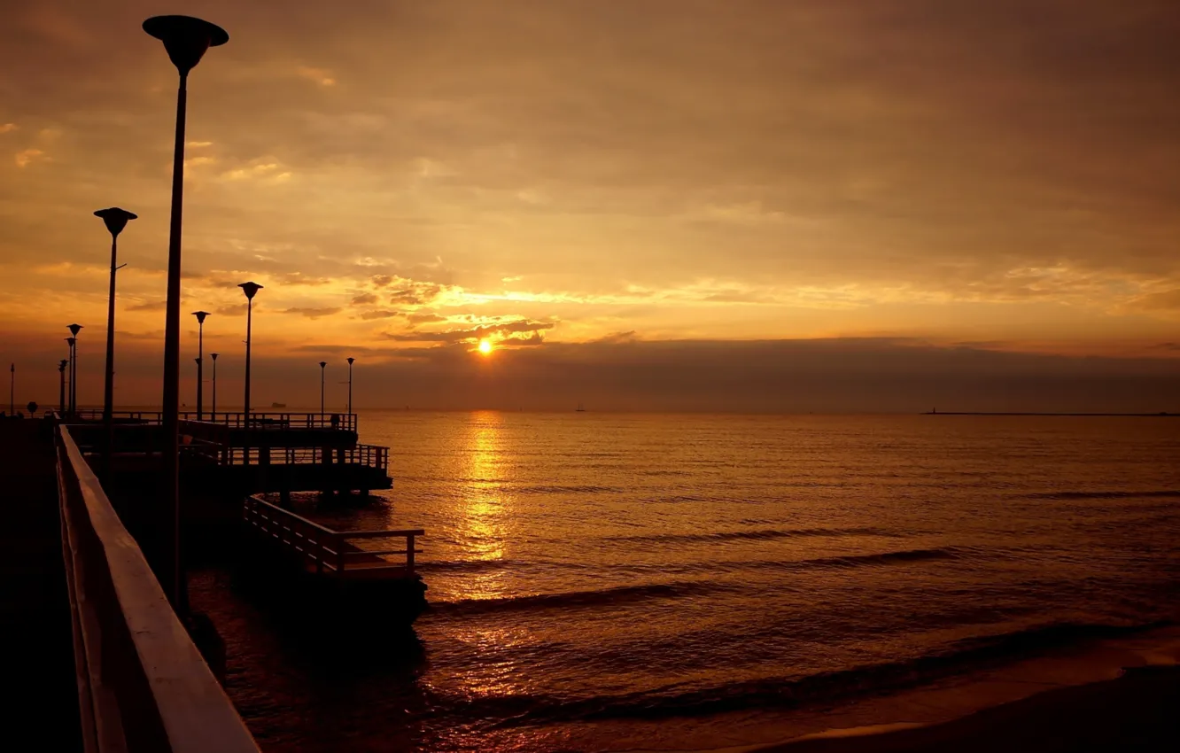 Photo wallpaper sky, sea, ocean, sunset, water, pier