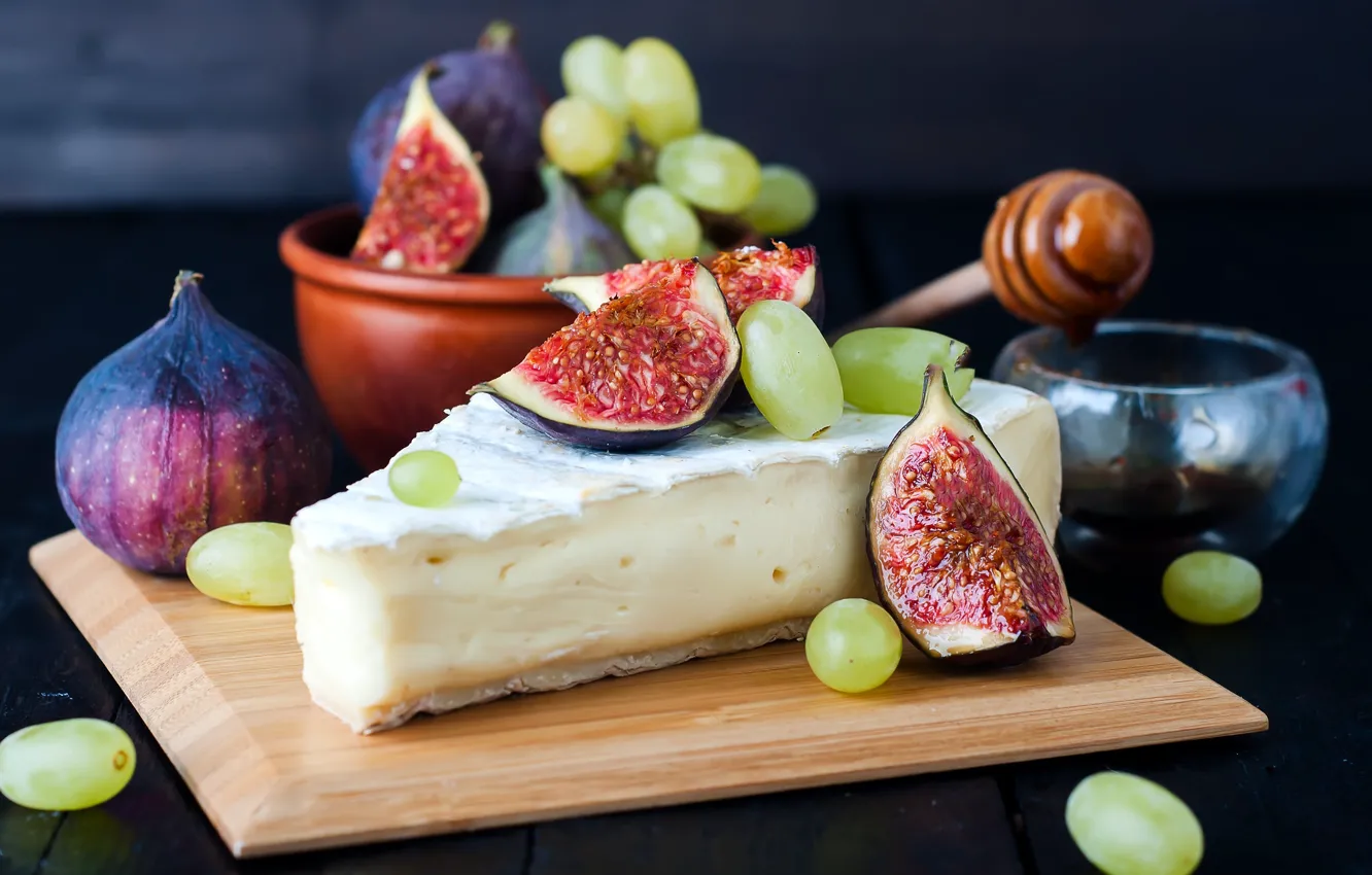 Photo wallpaper cheese, honey, grapes, figs