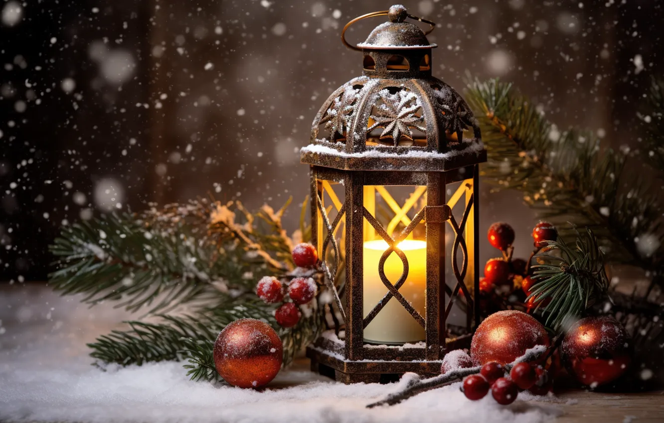 Photo wallpaper winter, snow, decoration, night, new year, Christmas, lights, light