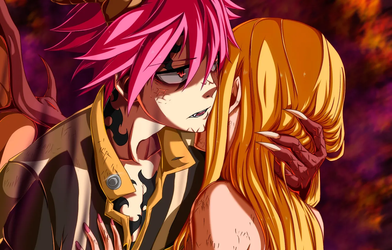 Photo wallpaper dragon, anime, art, two, Fairy Tail, Natsu Dragneel, Lucy Heartfilia, Fairy tail