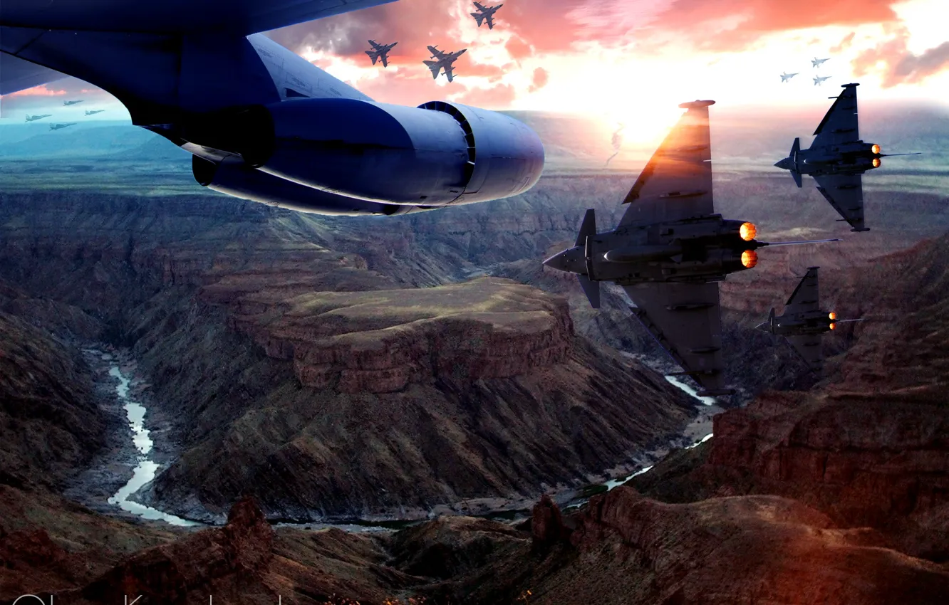 Photo wallpaper the sky, sunset, the plane, war, army, aircraft, canyon, gorge