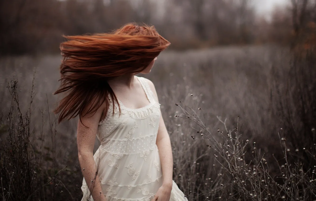Photo wallpaper field, grass, girl, redhead