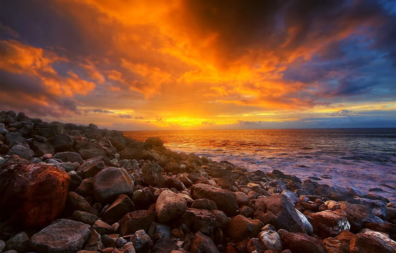 Photo wallpaper sea, the sky, clouds, sunset, stones, shore, glow