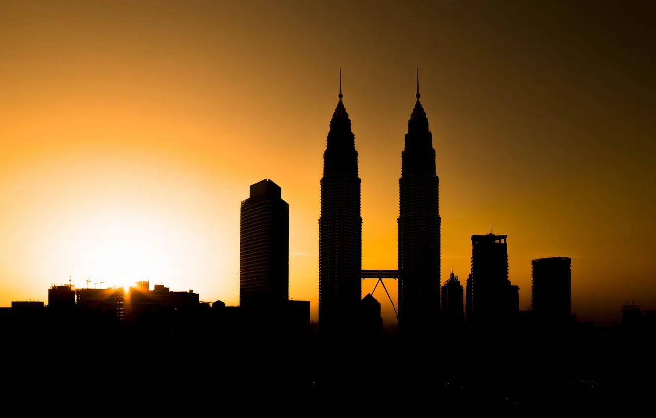 Photo wallpaper the sky, sunset, the city, tower, silhouette, Malaysia, Kuala Lumpur, Petronas Twin Towers
