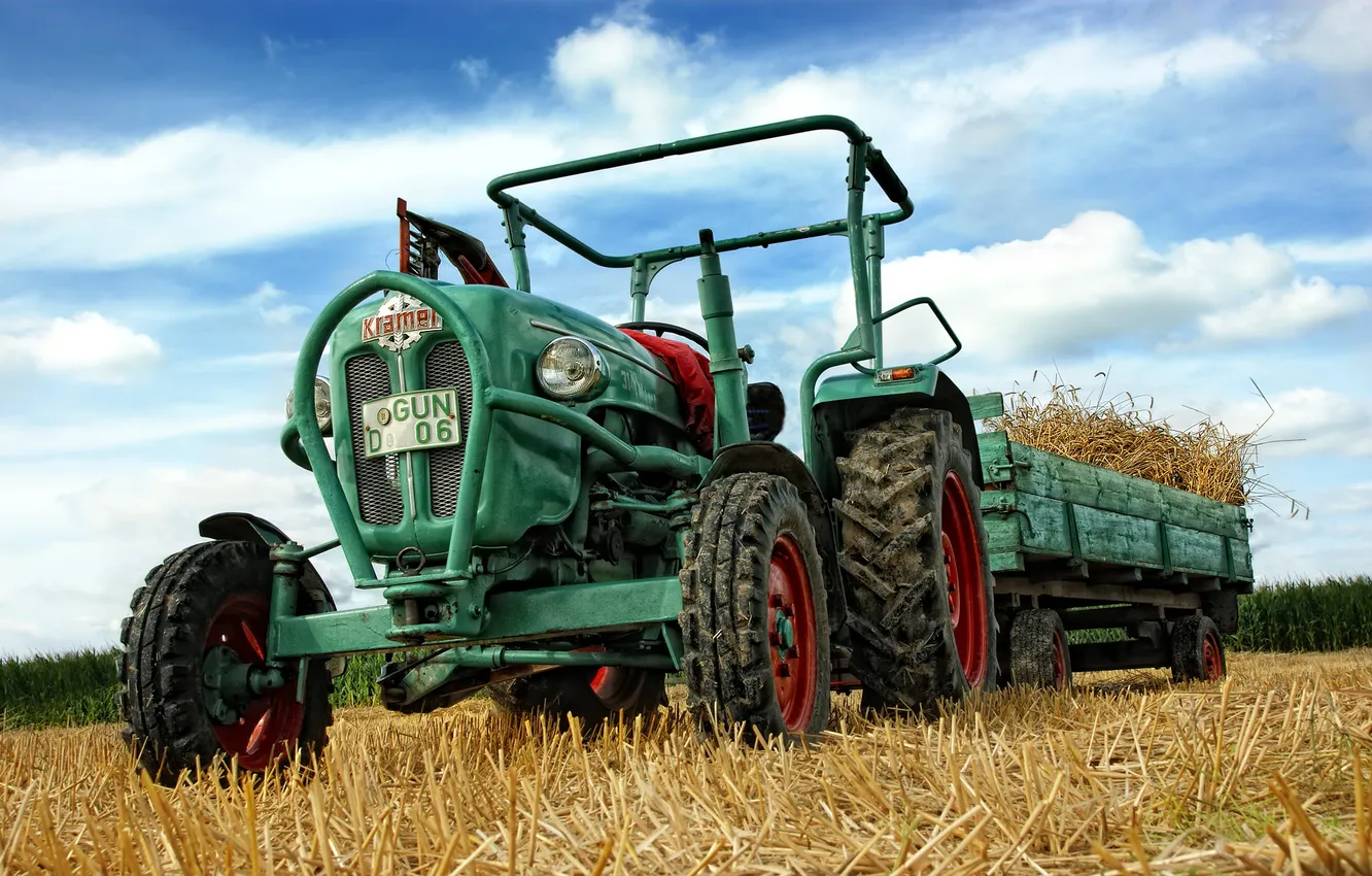 Photo wallpaper field, tractor, the trailer