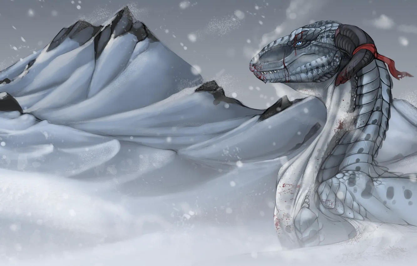 Photo wallpaper cold, winter, mountains, in the snow, blood, wounded, white dragon